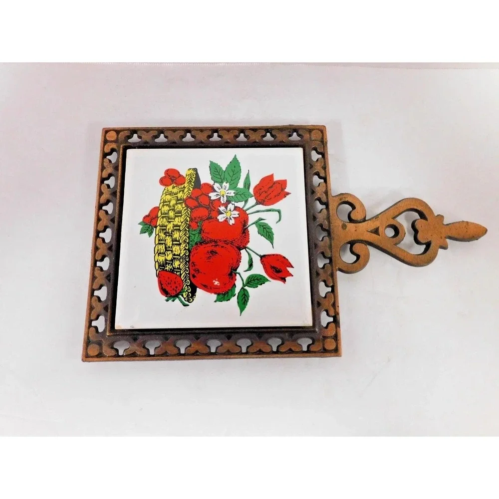 Vintage 1970's Cast Iron & Ceramic Tile Trivet Assorted Vegetables JC484
